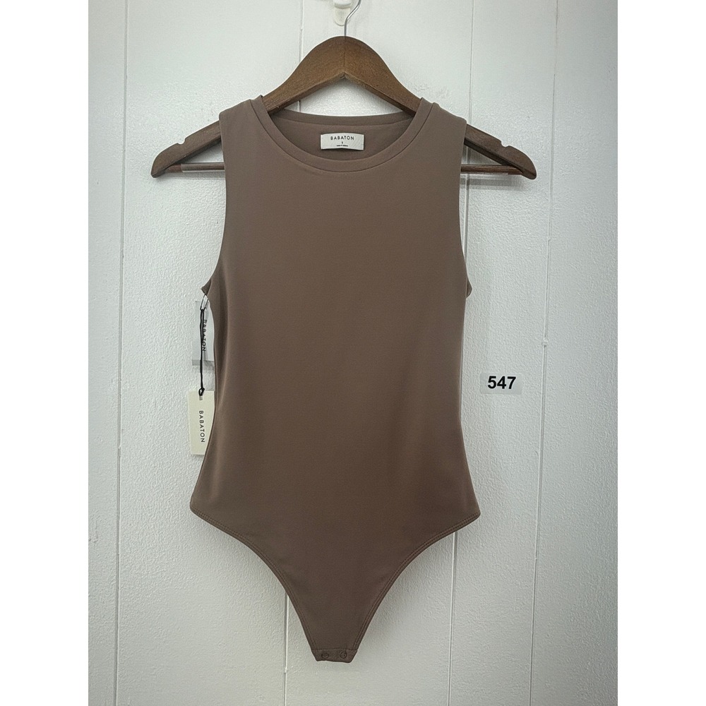 NWT Babaton Contour Muscle Bodysuit Deep Taupe Sleeveless Crew Neck Size S